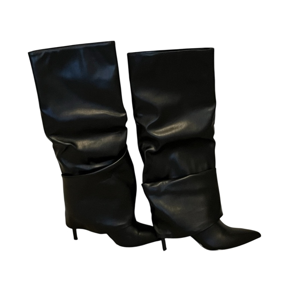 New-Chic Black Slouchy Ruched faux Leather Knee-High Boots Size: 9 - Picture 7 of 9